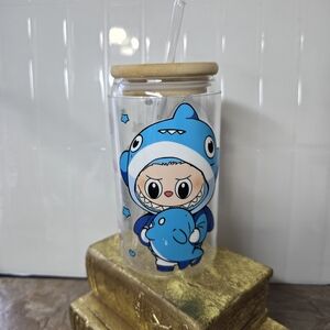 Labubu Cute Shark Glass Tumbler with Straw 16oz